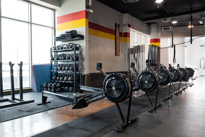 Gym area featuring multiple rowing machines aligned in a row, next to a weight rack with kettlebells, barbells, and other gym equipment, set against a backdrop with large windows and a colorful wall stripe design.