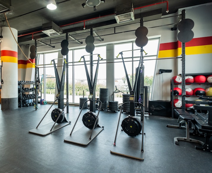 Gym setup featuring three SkiErg machines positioned side-by-side in front of large windows, with additional equipment like medicine balls, weights, and training bars along the wall.