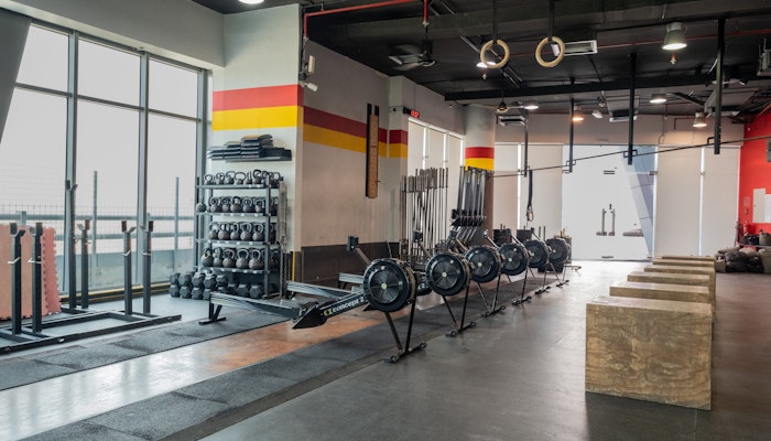 SK Fitness Indoor fitness area featuring multiple rowing machines, a wall stacked with kettlebells and weights, wooden plyometric boxes, and hanging gymnastic rings, with natural light streaming in through large windows.