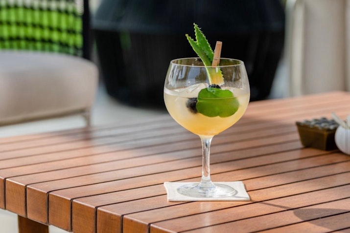 A refreshing cocktail with garnishes served in a glass on a wooden table.