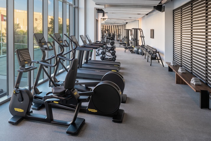 Modern gym with cardio and weight equipment lined along windows