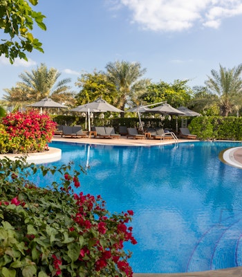 The Westin Dubai Mina Seyahi Beach Resort & Marina Tranquil pool surrounded by lush greenery and shaded loungers.