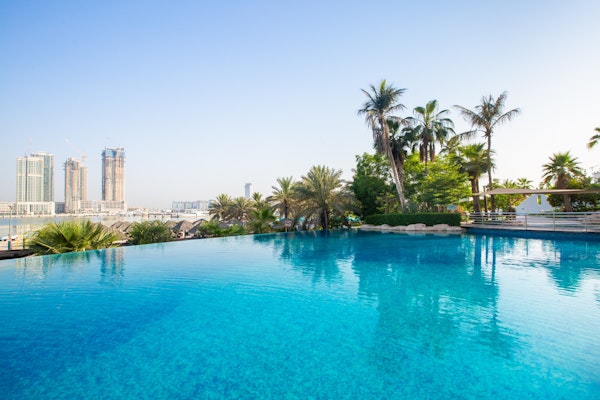 Infinity pool with city skyline and palm trees in the background.