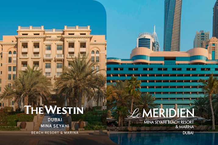 The Westin and Le Meridien Mina Seyahi Beach Resort buildings in Dubai.