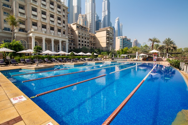 Outdoor lap pool with city skyscrapers and lounge chairs in the background.