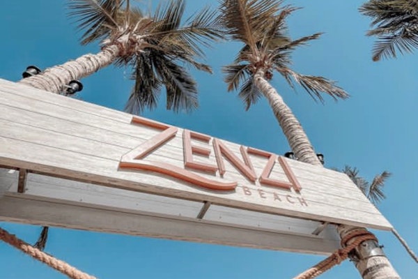 ZENZI Beach sign under palm trees against a blue sky.