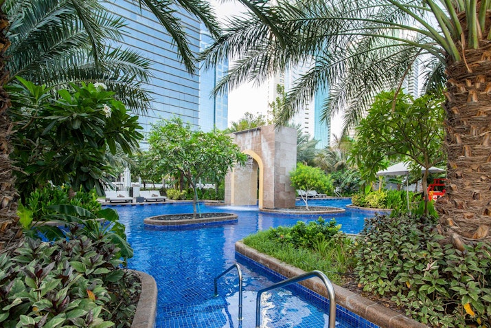 Pool surrounded by lush greenery with palm trees and plants.