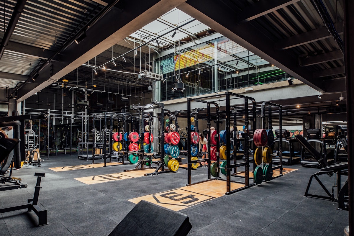 A spacious gym with various weightlifting equipment and colorful weights neatly arranged, illuminated by natural light coming from a skylight