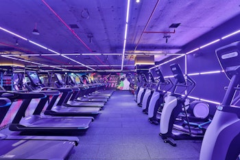 A modern gym interior featuring several treadmills lined up under vibrant purple and pink neon lights.