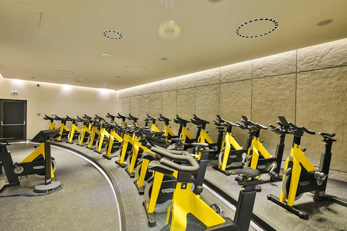 Spinning studio with two rows of stationary yellow bikes
