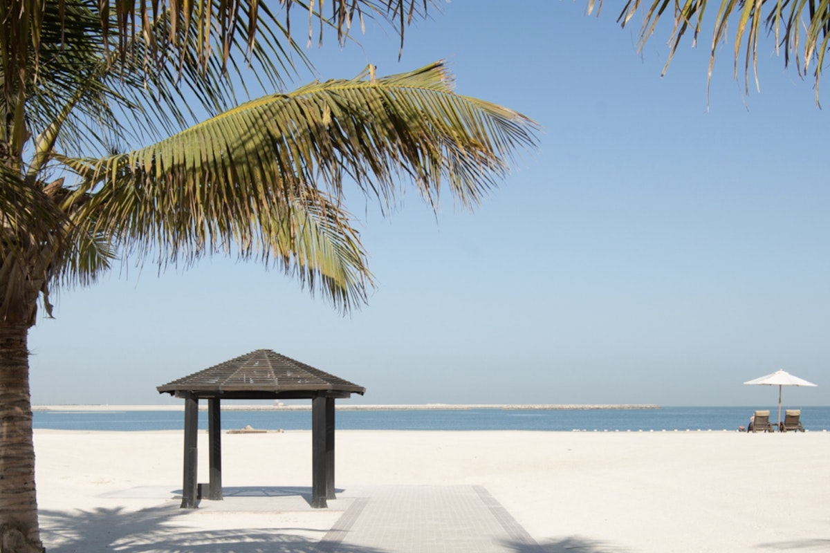 Dreamy Privilee views A peaceful beach scene featuring palm trees, a gazebo, and lounge chairs under an umbrella, with a calm sea in the background.