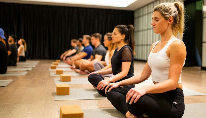 StudioRepublik Yoga Participants sitting in a meditation pose during a yoga class, focusing quietly with yoga blocks in front of them.
