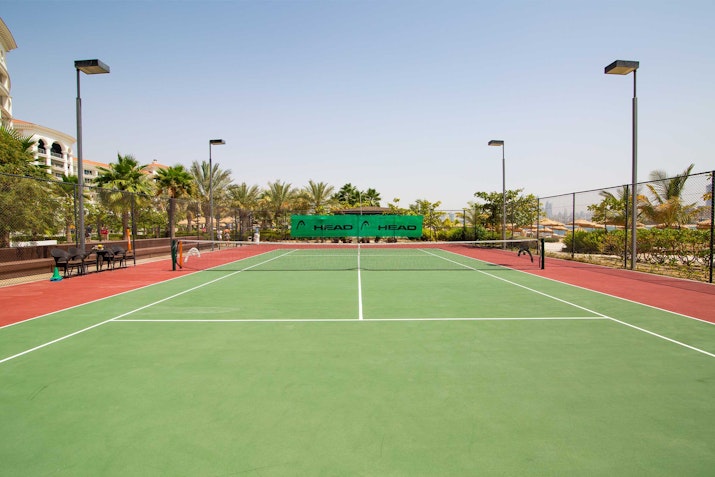 A well-maintained tennis court with green playing surface and red sidelines, surrounded by palm trees and lighting poles.