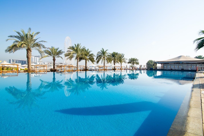 A serene swimming pool with palm trees along the edge, reflecting the clear sky.