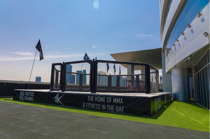 Outdoor MMA training cage at a fitness facility with flags and cityscape in the background.