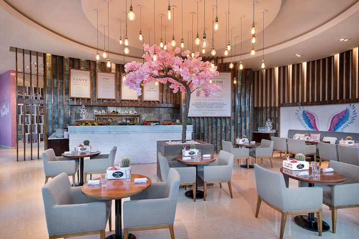 Bounty Beets at Le Méridien Mina Seyahi Beach Resort & Marina Interior view of a restaurant with a pink blossom tree centerpiece and stylish seating arrangements