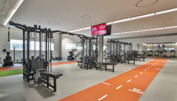 Fly High Fitness: a spacious and modern gym designed for all fitness levels. Fly High Fitness: well-equipped gym with training zones, weight machines, and a track area