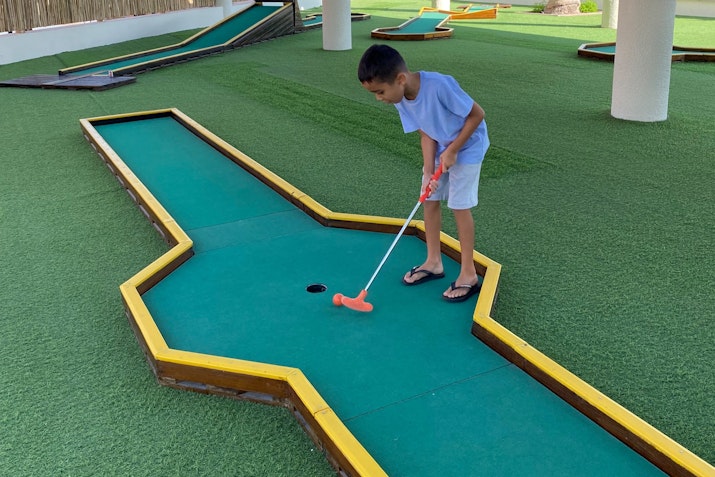 A young boy playing mini golf on a green course, focusing on putting the ball into the hole.