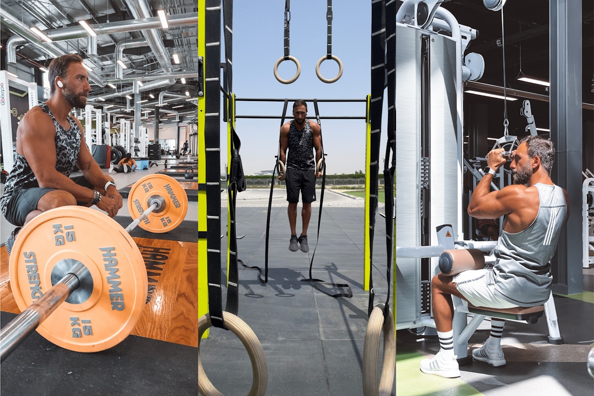 Collage of a man exercising: lifting weights, performing pull-ups on rings, and using a cable machine in a gym setting