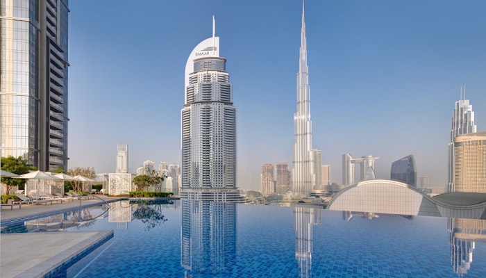 Address Dubai Mall Infinity pool overlook city skyline