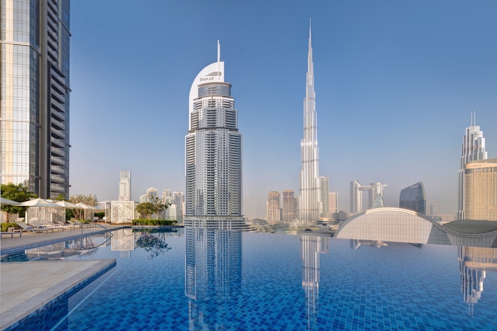 Infinity pool overlook city skyline