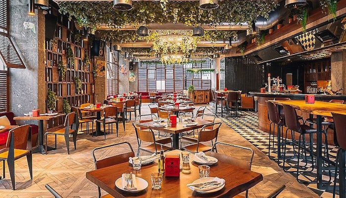 Lola Taberna Española Dining experience with plant ceiling