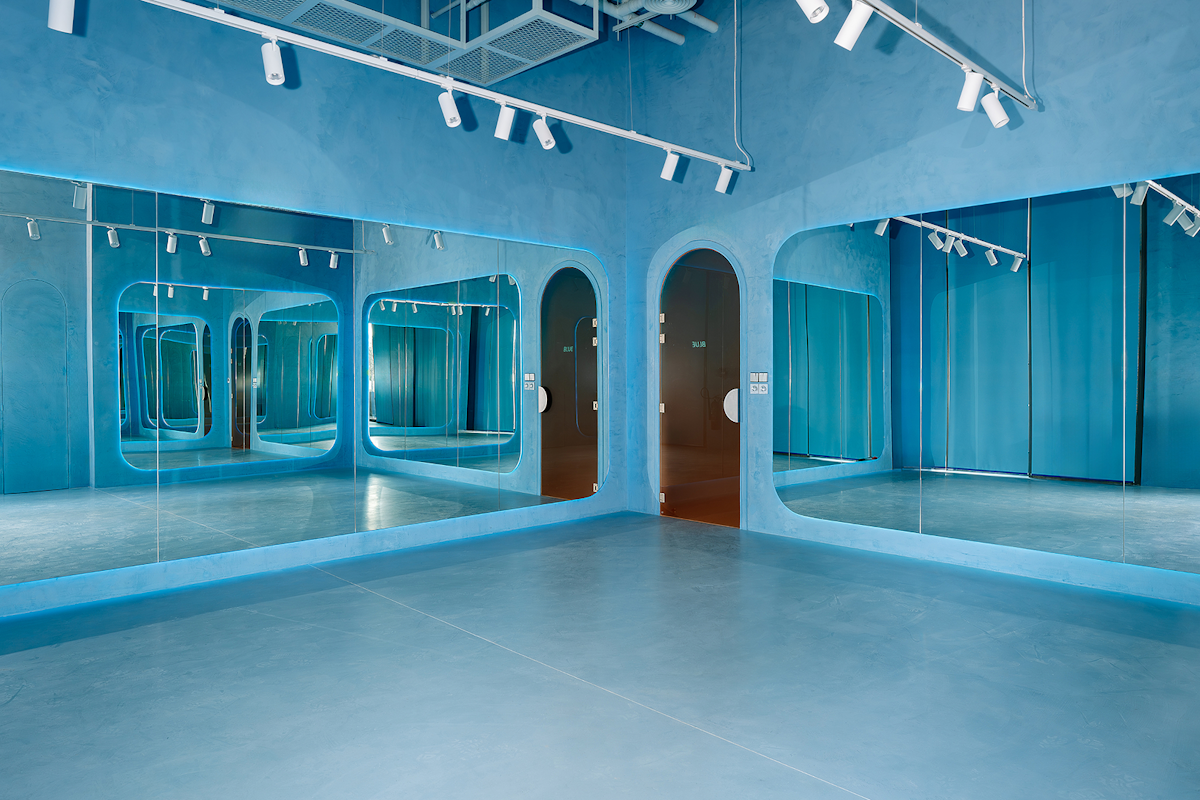 In the Pink Empty studio, with blue interiors