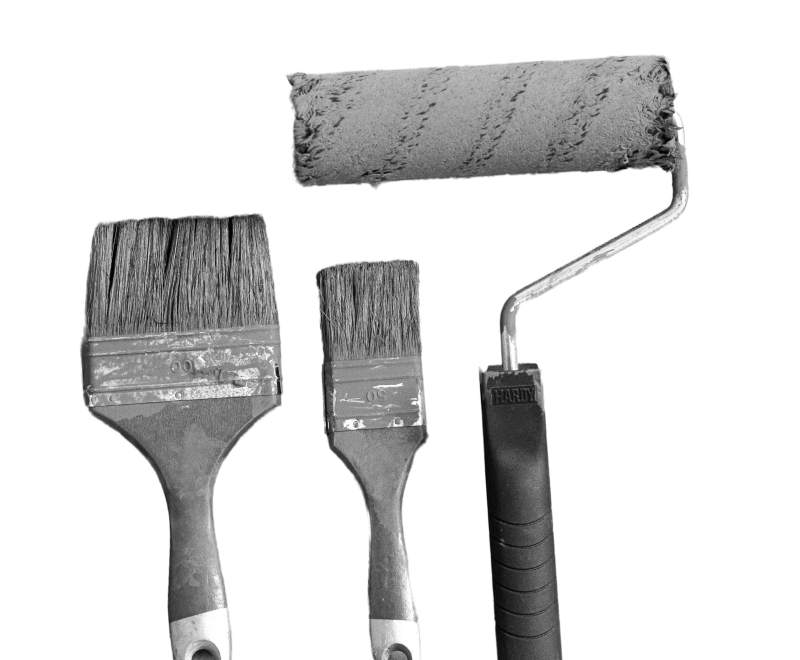 Paint brushes and a paint roller