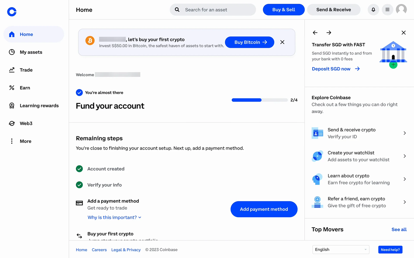 Screenshot of a Coinbase account setup page showing progress at step 2 of 4 titled “Fund your account.” The screen confirms that the account is created and identity is verified, with prompts to add a payment method and buy the first cryptocurrency.