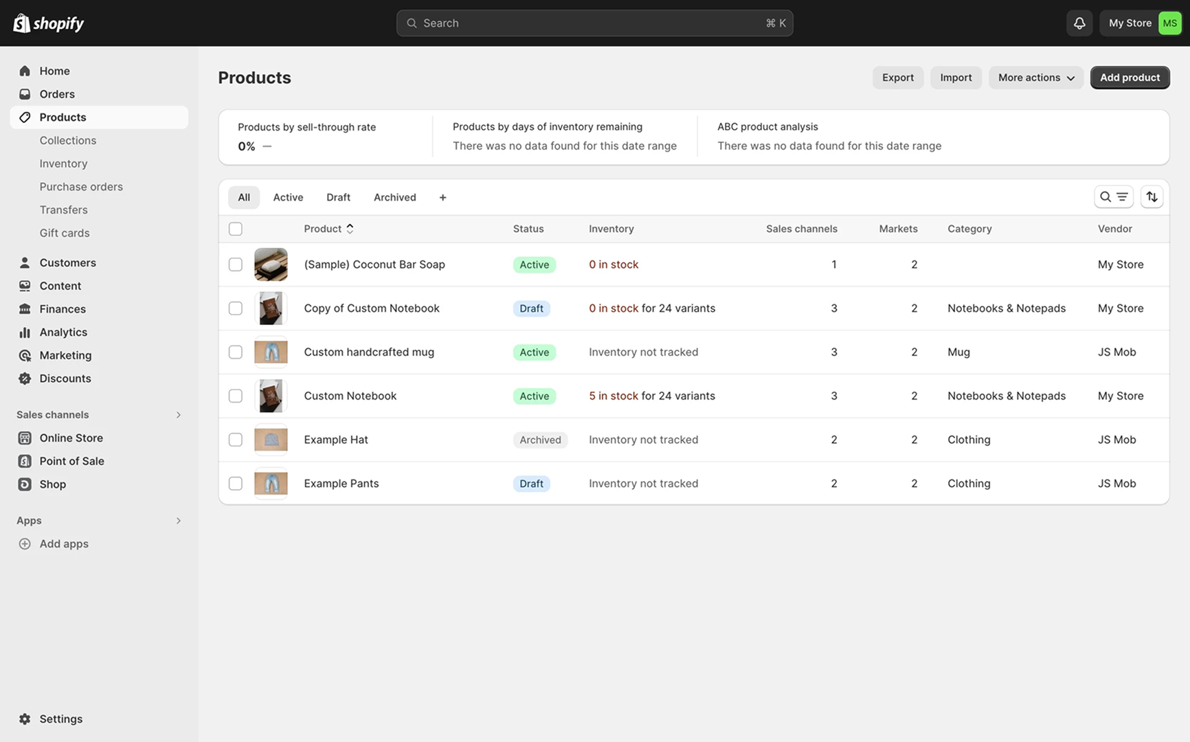Shopify dashboard showing the Products page with a list of items including (Sample) Coconut Bar Soap, various notebooks, a handcrafted mug, a hat, and pants. The table displays each product’s status (active, draft, or archived), inventory levels, sales channels, markets, category, and vendor name.