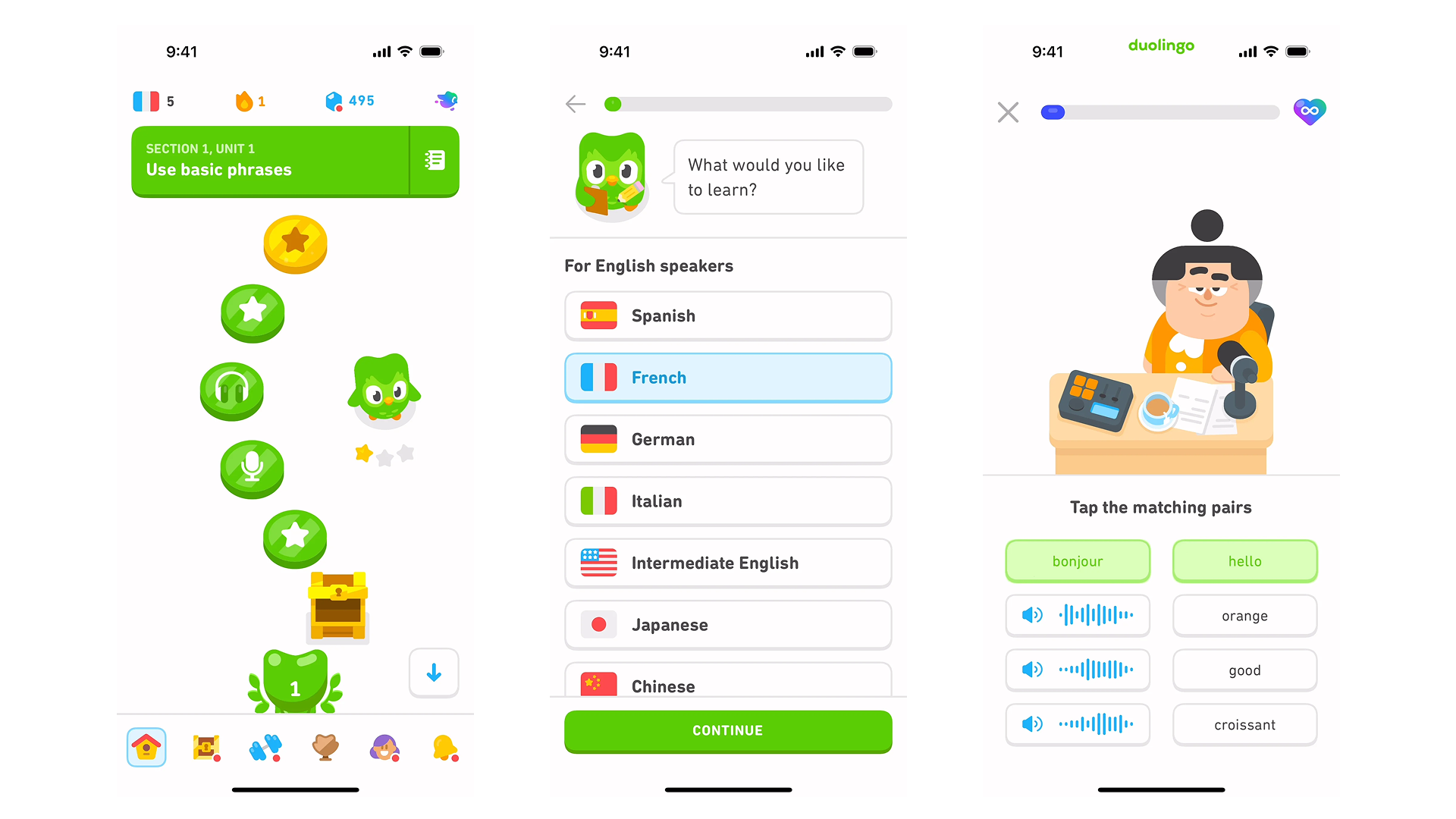 Three screenshots from the Duolingo language learning app. The first shows the main lesson path with green icons and the section titled "Use basic phrases." The second screenshot displays a language selection screen with options like Spanish, French, German, and more. The third screenshot shows a matching pairs exercise with the phrase “Tap the matching pairs,” featuring words like “bonjour,” “hello,” “good,” and “croissant” alongside audio icons.