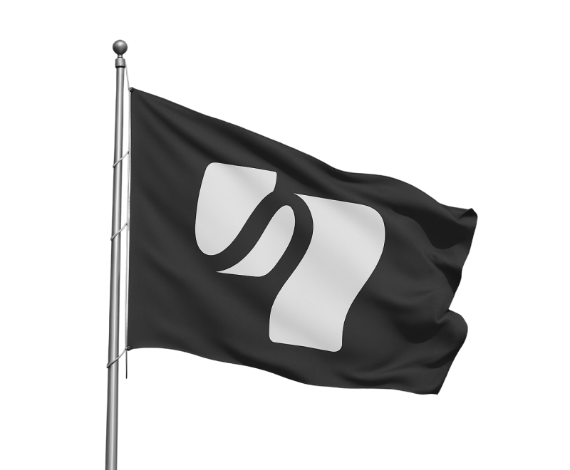 Dark flag with white logomark on it