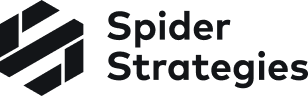 Logo of Spider Strategies, featuring a stylized hexagonal spider web design on the left and the company name in bold black text on the right. The web design consists of interlocking geometric shapes.