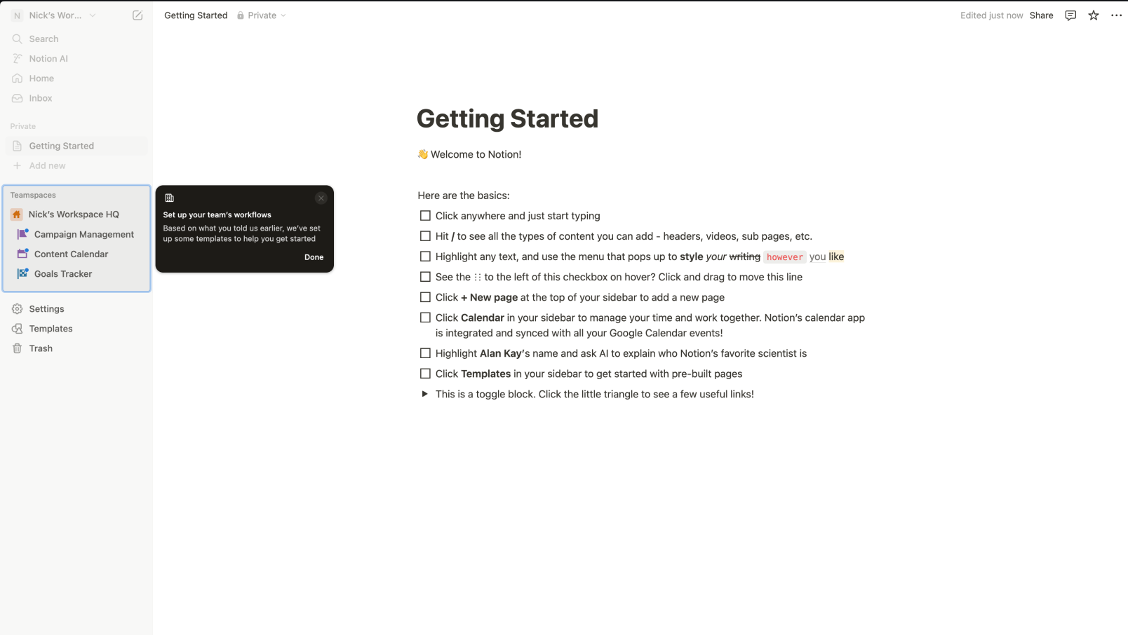 A Notion page titled "Getting Started" displays a checklist of tips for new users, including instructions for creating content, adding images, and syncing with Google Calendar. A black pop-up explains how to invite teammates.