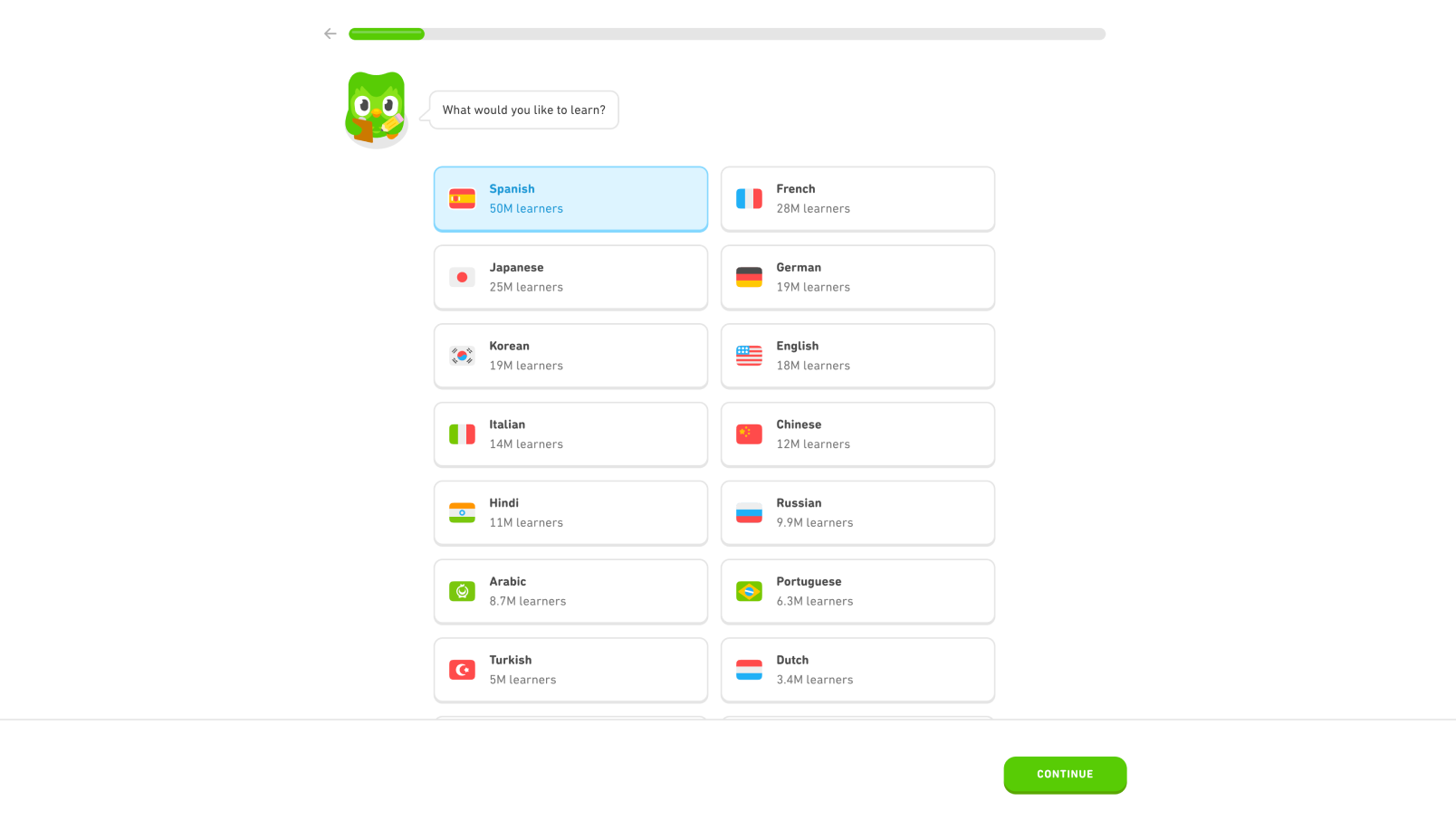 A language learning app screen shows a selection of languages, including Spanish, French, Japanese, German, Korean, English, and more, each with a flag icon and number of learners. A green “Continue” button is at the bottom.