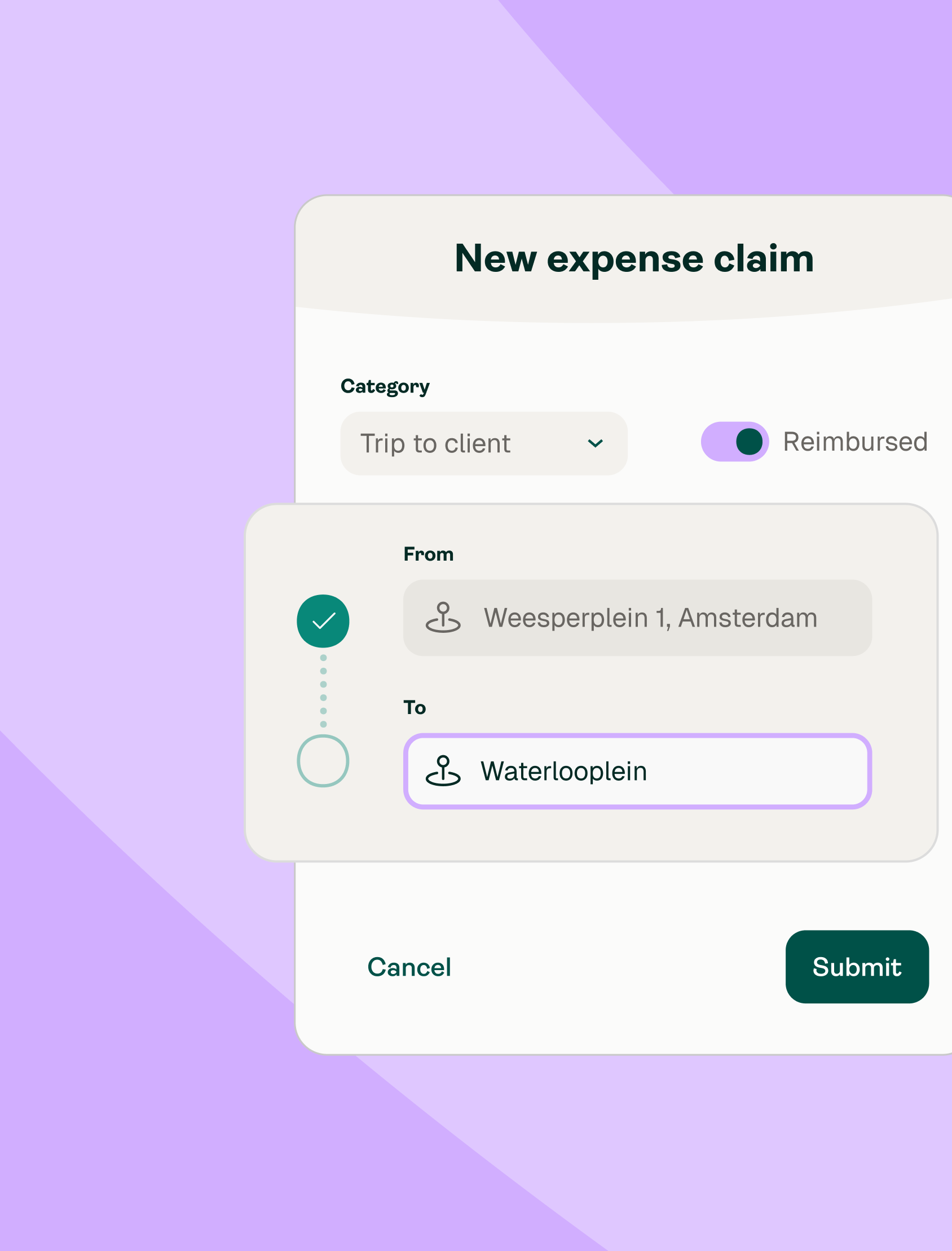 A digital form for submitting a new expense claim, showing "Trip to client" as the category, "Reimbursed" toggled on, trip from Weesperplein 1, Amsterdam to Waterlooplein, and Cancel and Submit buttons.