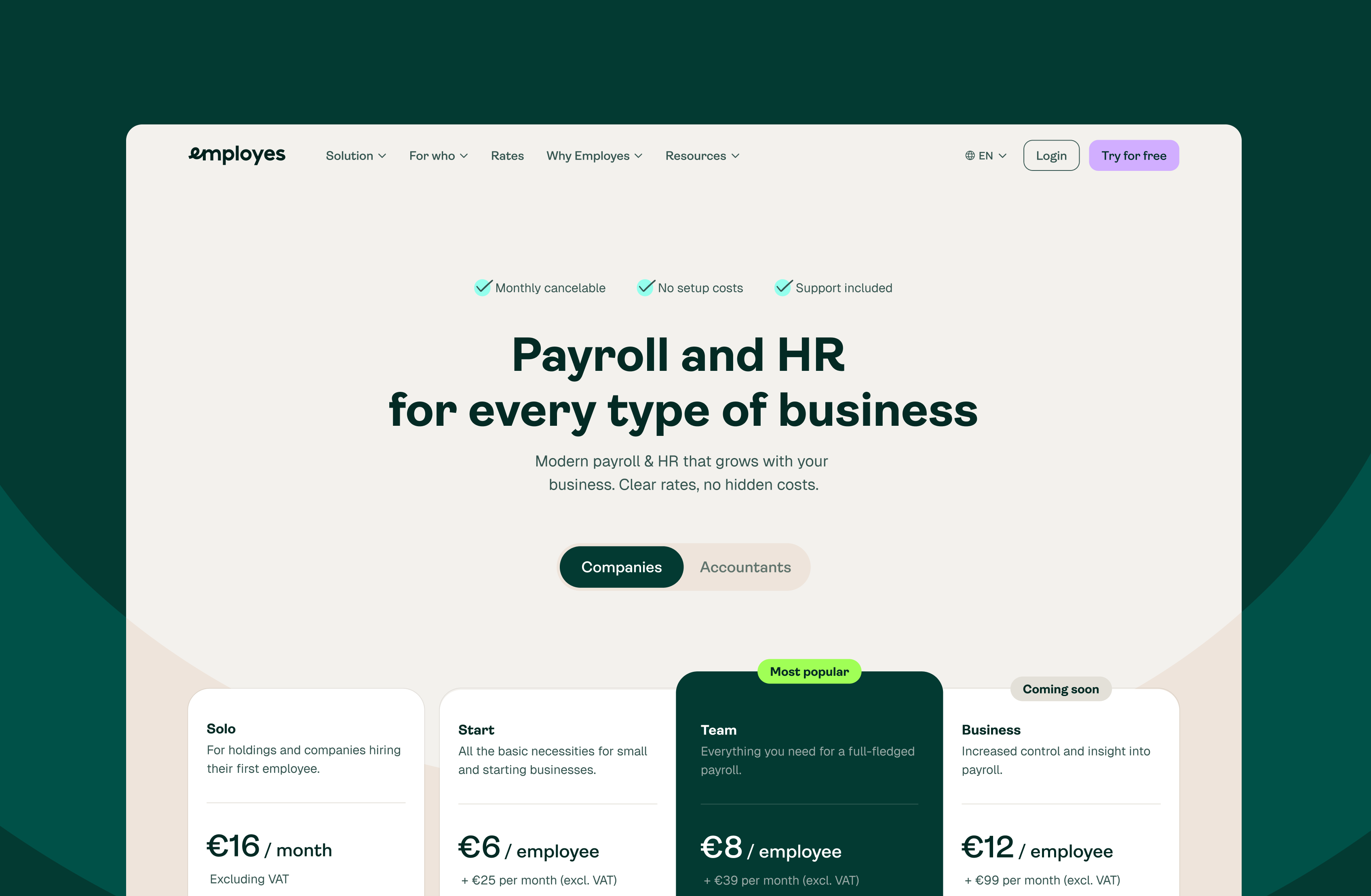 A website homepage for a payroll and HR service, showing pricing plans for Solo, Start, Team, and Business tiers. The design uses green and cream colors, with call-to-action buttons and plan details visible.