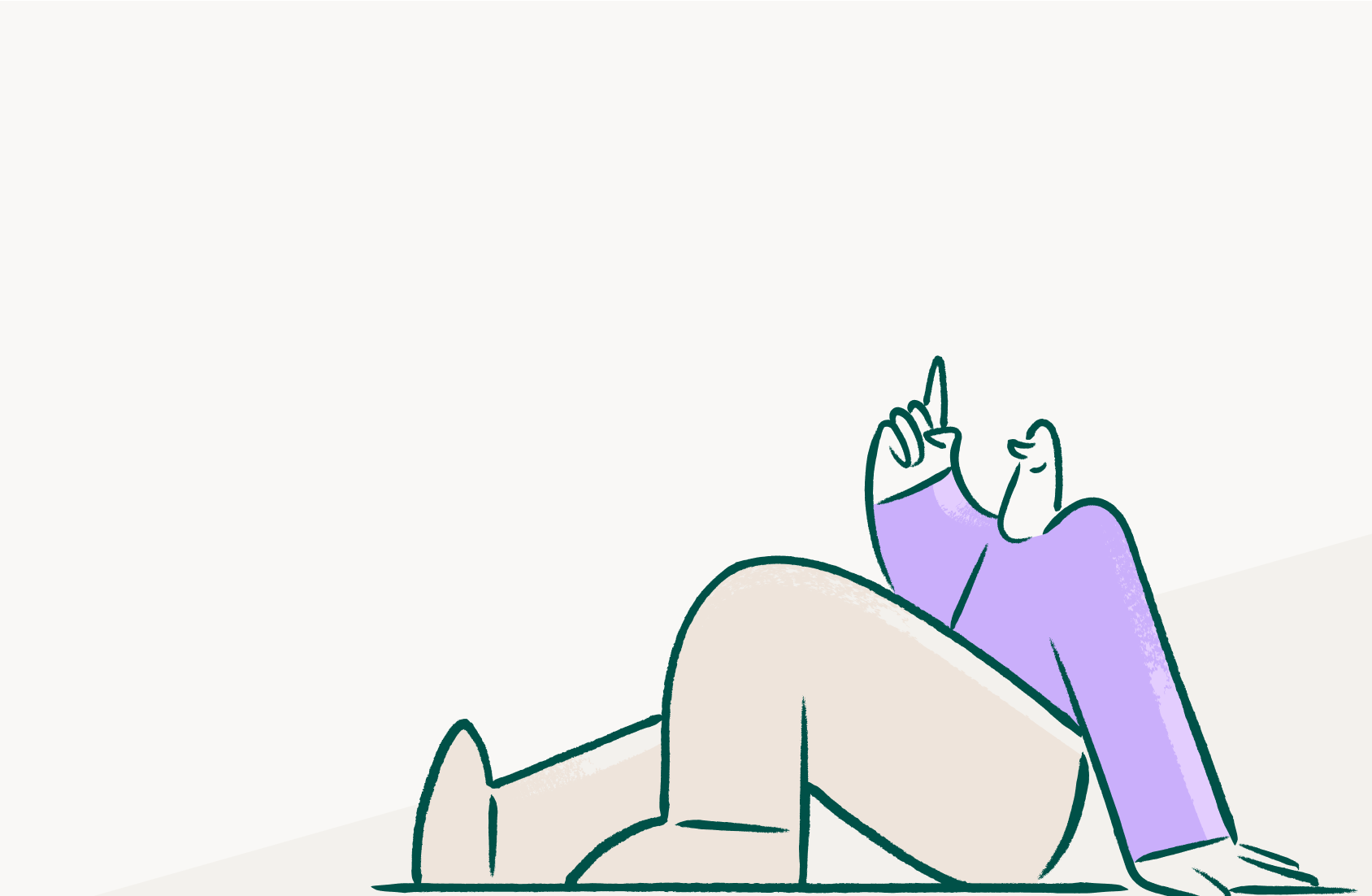 Illustration of a person sitting on the ground with legs stretched out, wearing a purple top and beige pants, looking up and pointing upward with one finger. The background is mostly white with minimal details.