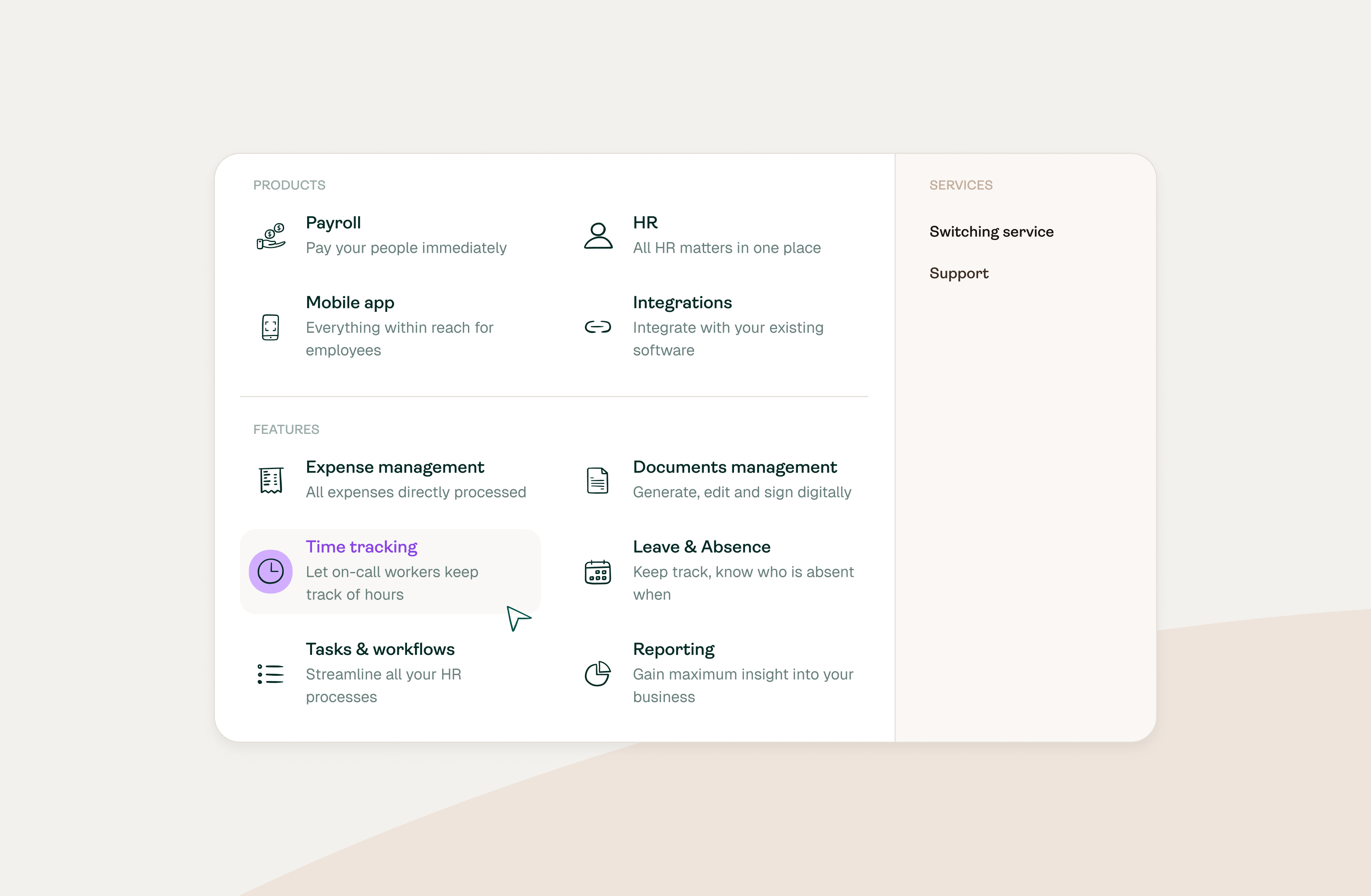 A software dashboard displays sections for Products, Features, and Services, listing items like Payroll, HR, Mobile app, Integrations, Time tracking, and Reporting, with brief descriptions for each category.