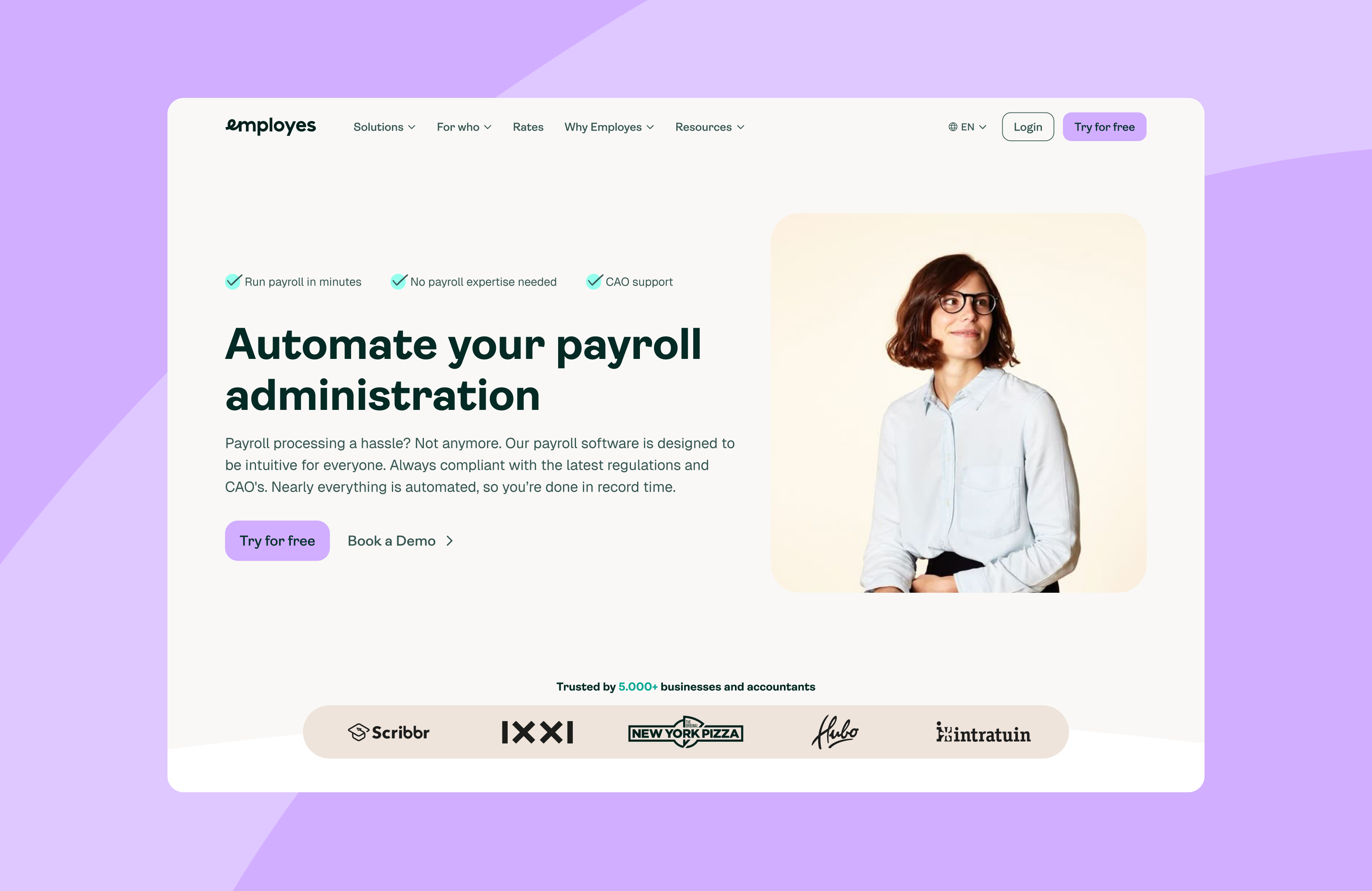 A website landing page for a payroll automation service features a woman in glasses and a light shirt smiling against a beige background, with promotional text, call-to-action buttons, and partner logos below.