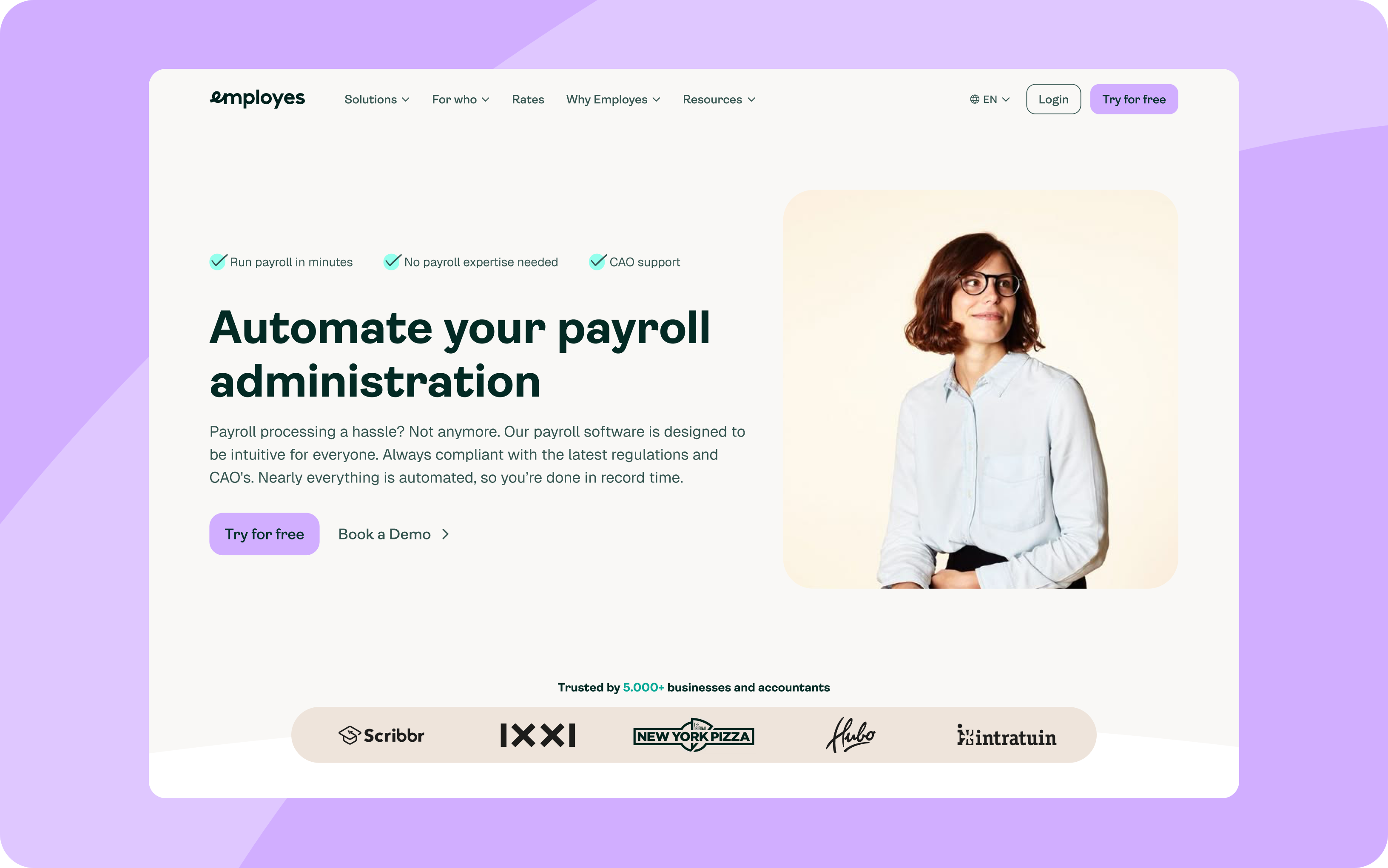 A website homepage for Employes shows a headline, "Automate your payroll administration," with a photo of a woman wearing glasses and a light blue shirt, and logos of featured companies at the bottom.