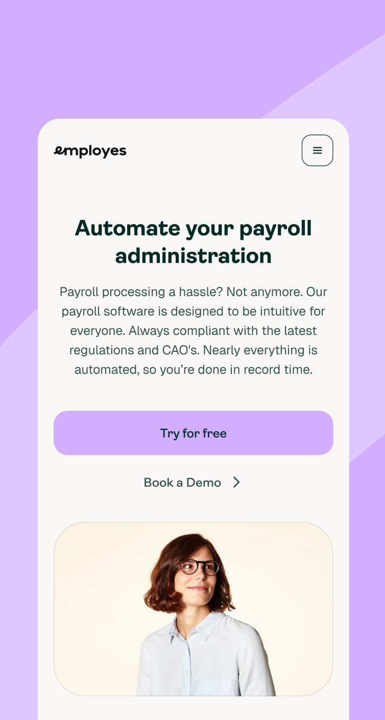 A mobile app screen for "employes" payroll software features a headline about automating payroll, a "Try for free" button, a "Book a Demo" link, and a photo of a woman with glasses looking to the side.
