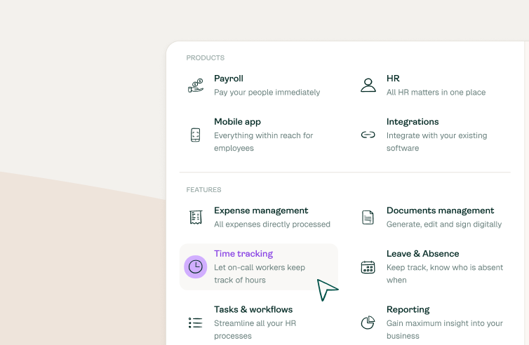 A software dashboard shows a menu with HR and payroll options. "Time tracking" is highlighted, with a clock icon and the text "Let on-call workers keep track of hours" beneath it.