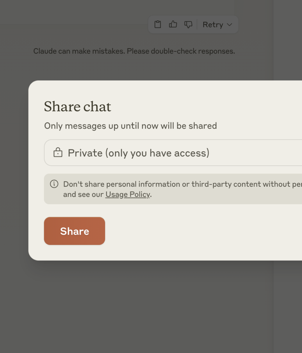 A pop-up window titled "Share chat" offers options to keep messages private and reminds users not to share personal or third-party content. A brown "Share" button is at the bottom.