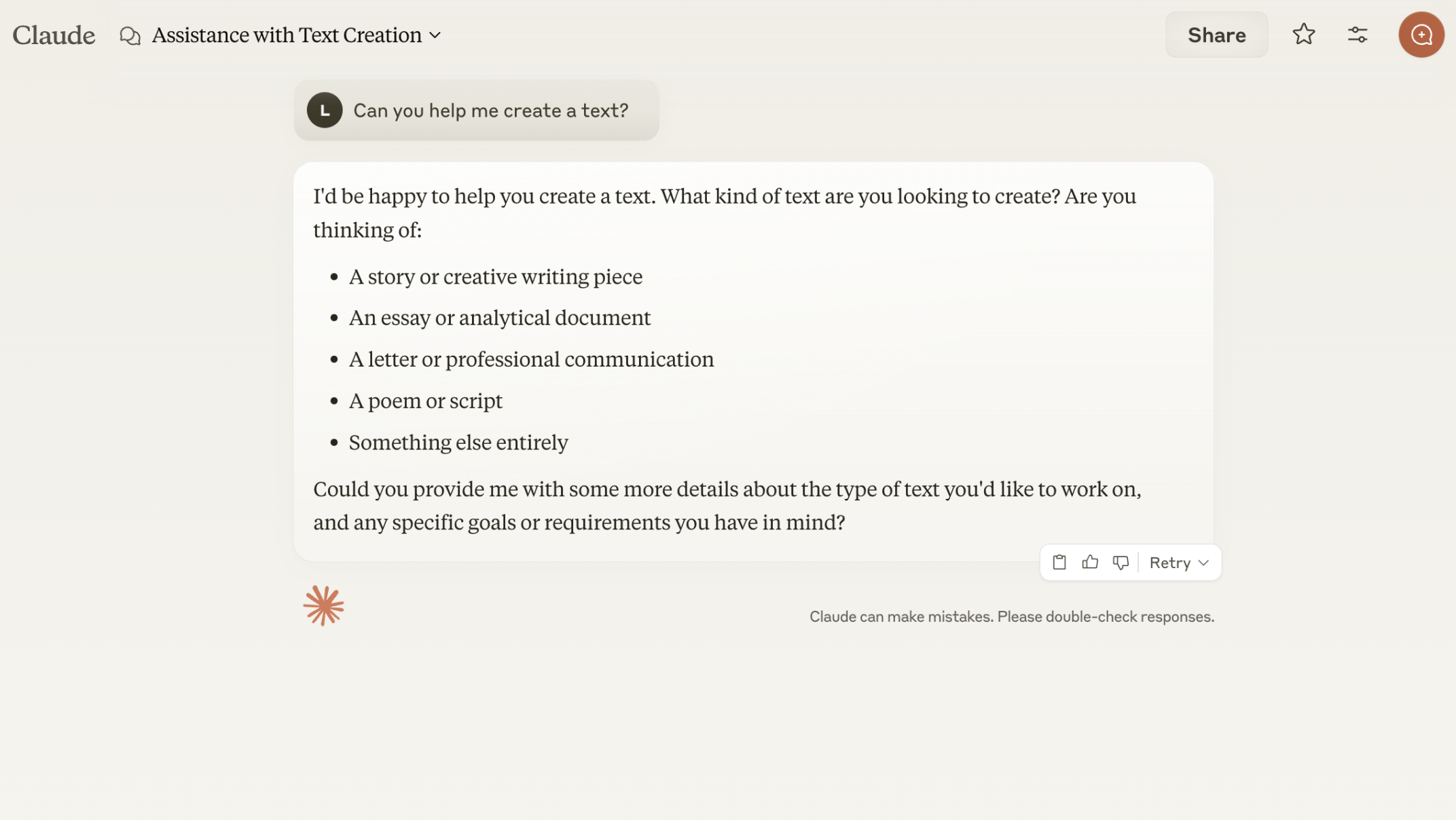 A chat window displays a message offering to help create a text, with options including story, essay, letter, poem, script, or something else. The message invites more details about the requested text.