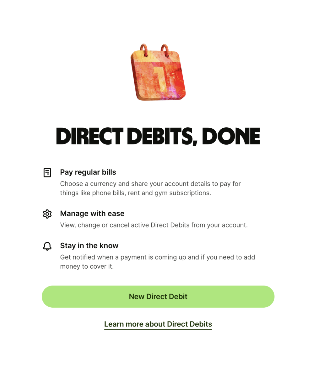 A graphic with an abstract red calendar icon above the words "Direct Debits, Done". Below are three bullet points about paying bills, managing debits, and staying informed. Green buttons read "New Direct Debit" and "Learn more about Direct Debits".