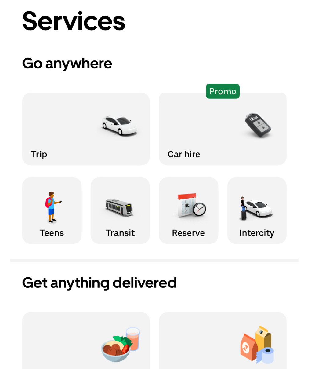 A section titled "Services" with icons for Trip, Car hire (Promo), Teens, Transit, Reserve, Intercity, and food delivery options, displayed in a grid with simple illustrations.