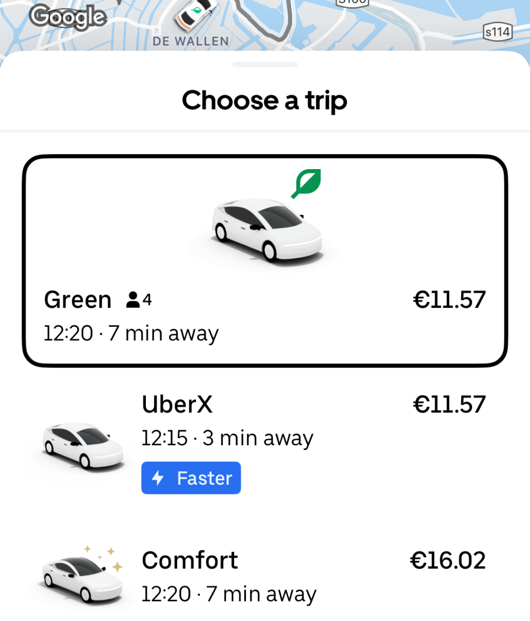 Ride-hailing app screen showing three car options: Green (€11.57, 12:20, 7 min away), UberX (€11.57, 12:15, 3 min away), and Comfort (€16.02, 12:20, 7 min away) with a map at the top.