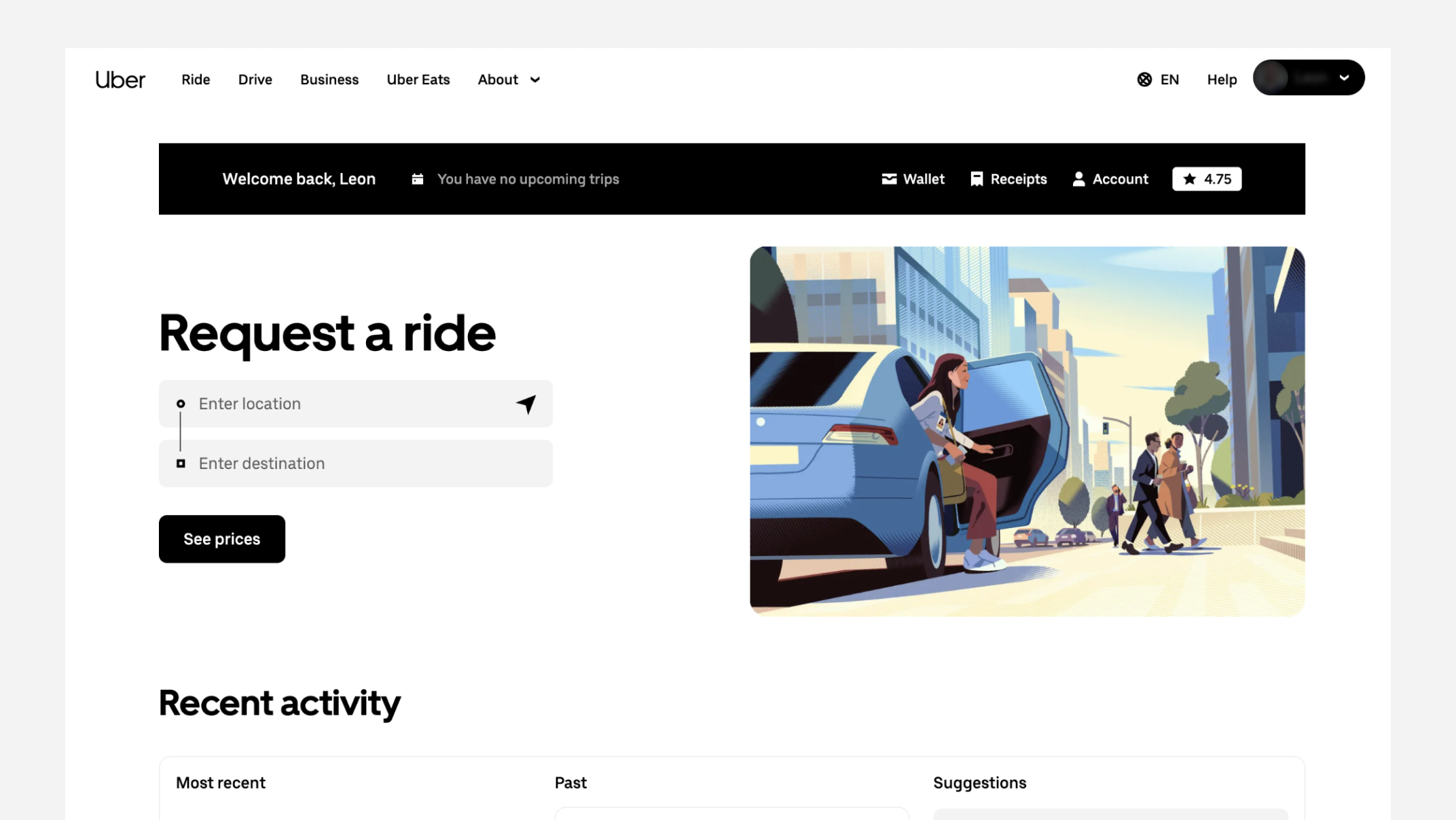 Uber ride request webpage showing a welcome message, ride request form, city illustration of people getting into a car, navigation options, and recent activity section below.