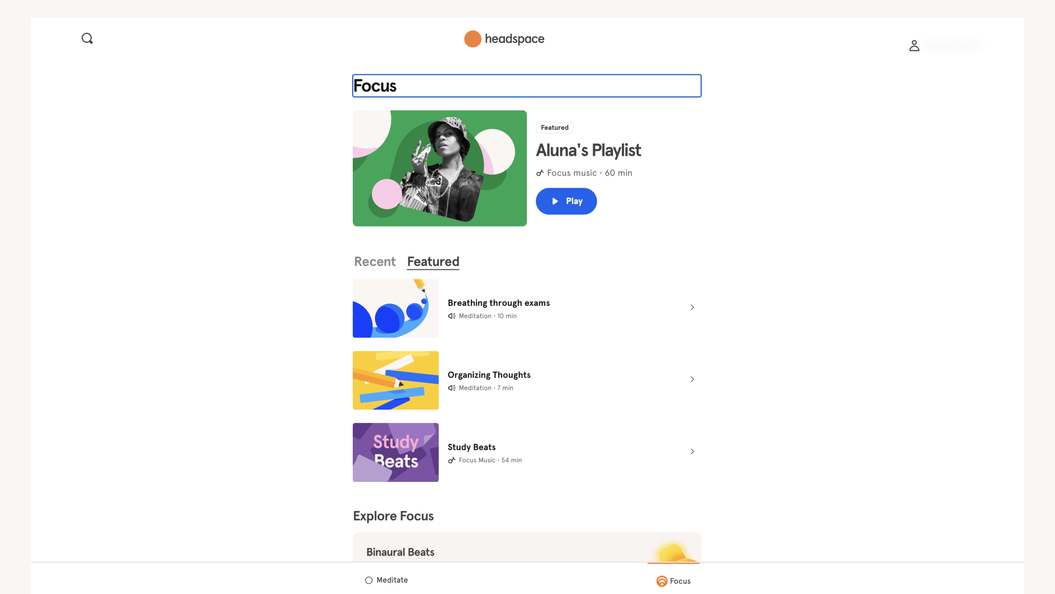Headspace app page with search term "Focus." Featured section shows "Aluna's Playlist" with a woman playing guitar. Below are "Breaking through exams," "Organizing Thoughts," and "Study Beats" playlists, followed by "Binaural Beats.